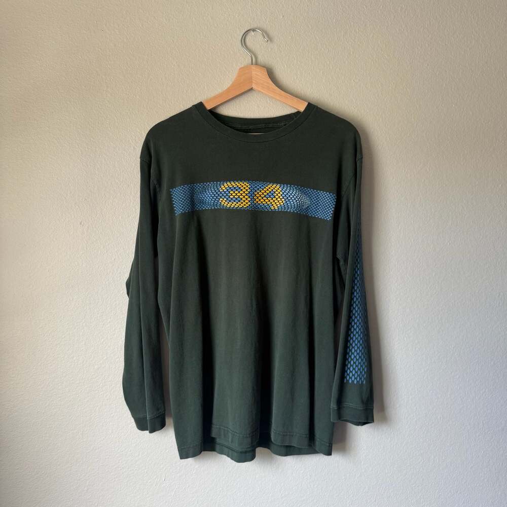 Vintage Faded 34 Graphic Long Sleeve Shirt Green Distressed Boxy Fit